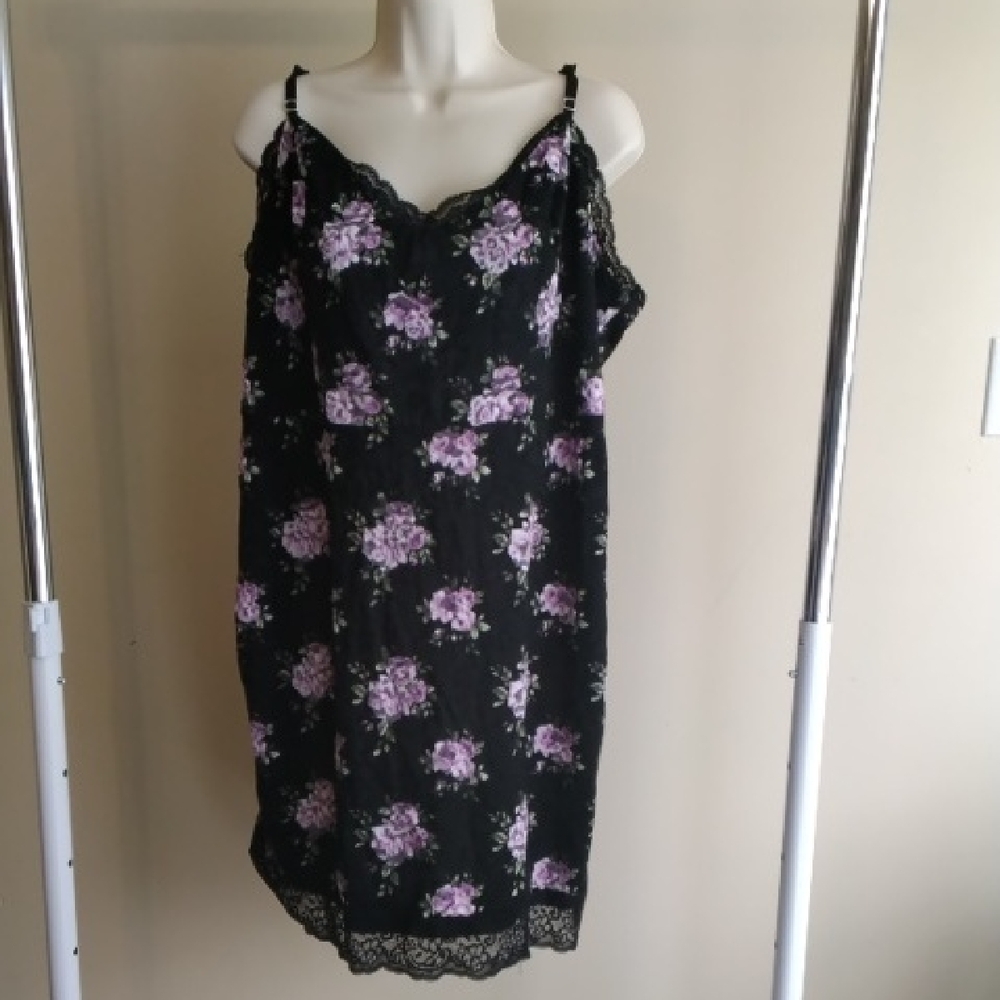 Forever 21 Black Slip with Purple Floral Print and Lace Trim